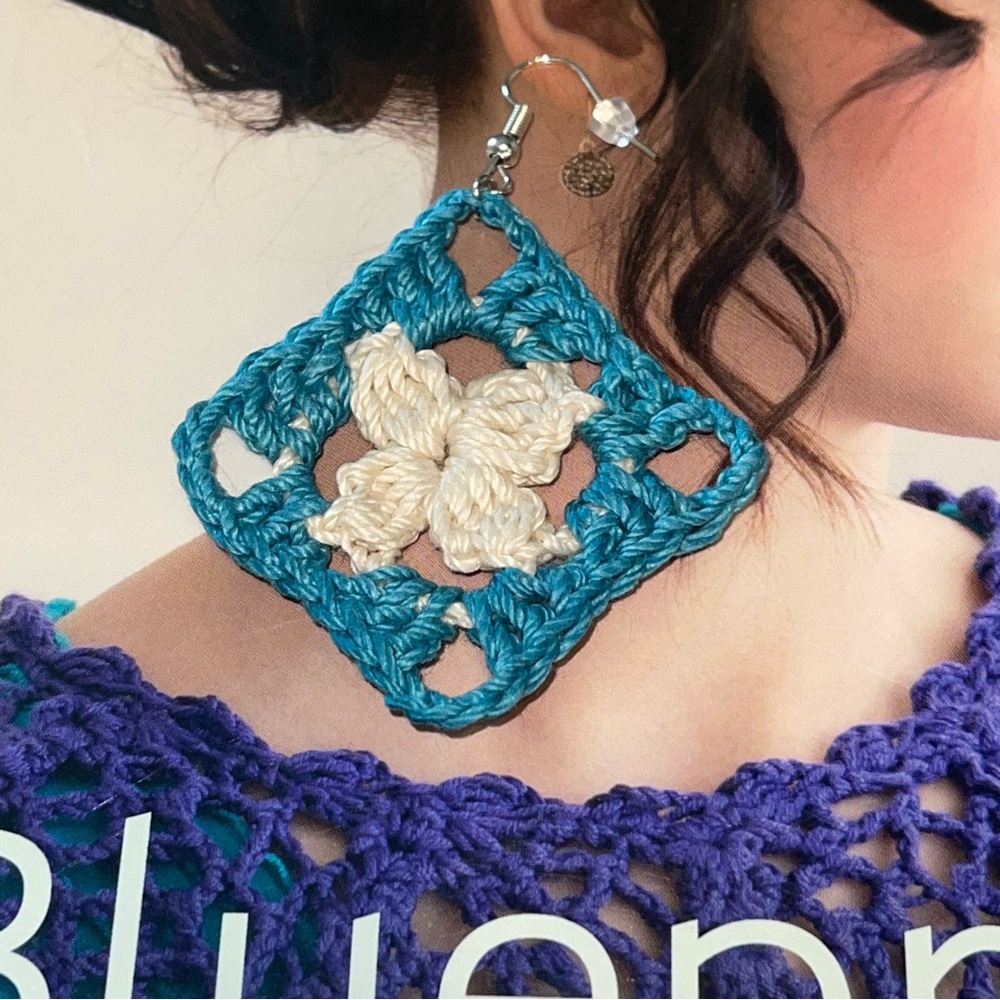 Handcrafted Elegant Blue and Cream Crochet Earrings